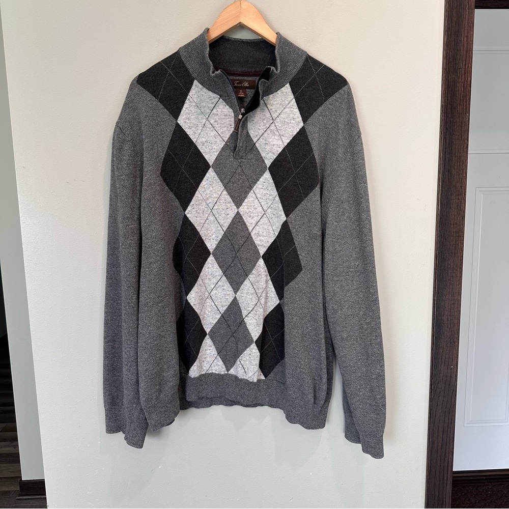 Tasso Elba Men Gray Argyle Print Quarter Zip Up Pullover Business Office Sweater